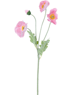 Künstliche Blume Mohn Real Touch Pink 60 cm: Eine lebensechte rosa Mohnblume mit drei offenen Blüten und einer geschlossenen Knospe an grünen Stielen und hellgrünen Blättern, dargestellt vor einem weißen Hintergrund.