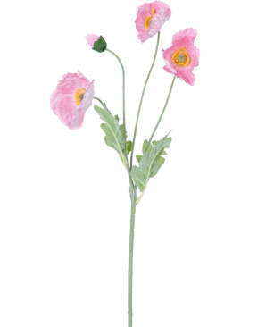 Künstliche Blume Mohn Real Touch Pink 60 cm: Eine lebensechte rosa Mohnblume mit drei offenen Blüten und einer geschlossenen Knospe an grünen Stielen und hellgrünen Blättern, dargestellt vor einem weißen Hintergrund.