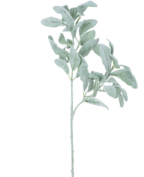Eine einzelne künstliche Eukalyptusblüte mit etwa 70 cm Stiel und silbergrünen, ovalen Blättern mit weicher Textur, isoliert auf weißem Hintergrund.
