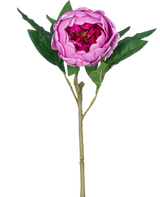 Die künstliche Blume Lotus Pfingstrose Real Touch in Lila, 58 cm lang, hat geschichtete Blütenblätter, grüne Blätter und einen langen Stiel. Abgebildet vor einem schlichten weißen Hintergrund.