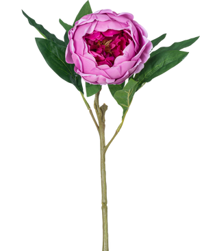 Die künstliche Blume Lotus Pfingstrose Real Touch in Lila, 58 cm lang, hat geschichtete Blütenblätter, grüne Blätter und einen langen Stiel. Abgebildet vor einem schlichten weißen Hintergrund.