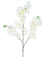 Die künstliche Kirschblüte 106 cm weiß hat einen einzelnen braunen Zweig mit Büscheln weißer künstlicher Kirschblüten und kleinen grünen Blättern vor einem schlichten weißen Hintergrund.