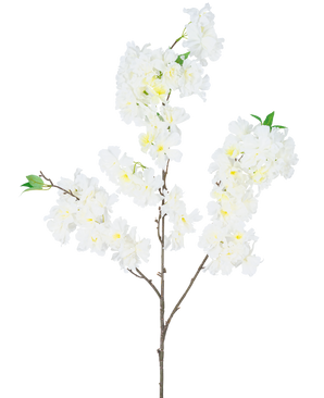 Die künstliche Kirschblüte 106 cm weiß hat einen einzelnen braunen Zweig mit Büscheln weißer künstlicher Kirschblüten und kleinen grünen Blättern vor einem schlichten weißen Hintergrund.