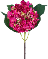Eine einzelne künstliche Blumen-Gartenhortensie, 61 cm, rosafarbene Hortensienblüte und drei große grüne Blätter vor einem weißen Hintergrund.