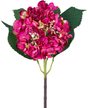 Eine einzelne künstliche Blumen-Gartenhortensie, 61 cm, rosafarbene Hortensienblüte und drei große grüne Blätter vor einem weißen Hintergrund.