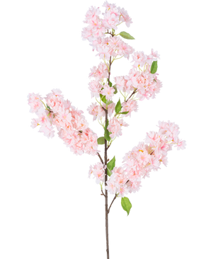 Die künstliche Kirschblüte 100 cm rosa hat einen langen braunen Stiel, Büschel hellrosa Kirschblüten und grüne Blätter vor einem weißen Hintergrund.