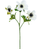Die künstliche Blumenanemone verzweigt 56 cm weiß hat einen einzelnen grünen Stiel mit drei weißen Anemonenblüten, jede mit einem dunklen Herzen und feinen schwarzen Staubgefäßen, sowie grünen Blättern, alles vor einem schlichten weißen Hintergrund.