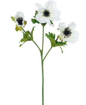 Die künstliche Blumenanemone verzweigt 56 cm weiß hat einen einzelnen grünen Stiel mit drei weißen Anemonenblüten, jede mit einem dunklen Herzen und feinen schwarzen Staubgefäßen, sowie grünen Blättern, alles vor einem schlichten weißen Hintergrund.