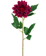 Die künstliche Blumen-Dahlie Real Touch dunkelrot 54 cm hat eine einzelne tiefrote Dahlienblüte mit grünen Blättern an einem Stiel, isoliert vor einem weißen Hintergrund.