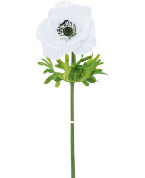 Die künstliche Blumenanemone Real Touch White 52 cm hat eine einzelne weiße Blüte mit zarten Blütenblättern, einem dunklen Herzen und grünen Blättern an einem langen, geraden Stiel vor einem schlichten weißen Hintergrund.