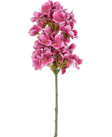 Ein einzelner Stiel des künstlichen Blumenschneeballs Real Touch Pink 58 cm, mit Büscheln leuchtend rosa künstlicher hortensienähnlicher Blüten mit einem grünen Herzen, isoliert auf weißem Hintergrund.