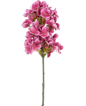 Ein einzelner Stiel des künstlichen Blumenschneeballs Real Touch Pink 58 cm, mit Büscheln leuchtend rosa künstlicher hortensienähnlicher Blüten mit einem grünen Herzen, isoliert auf weißem Hintergrund.