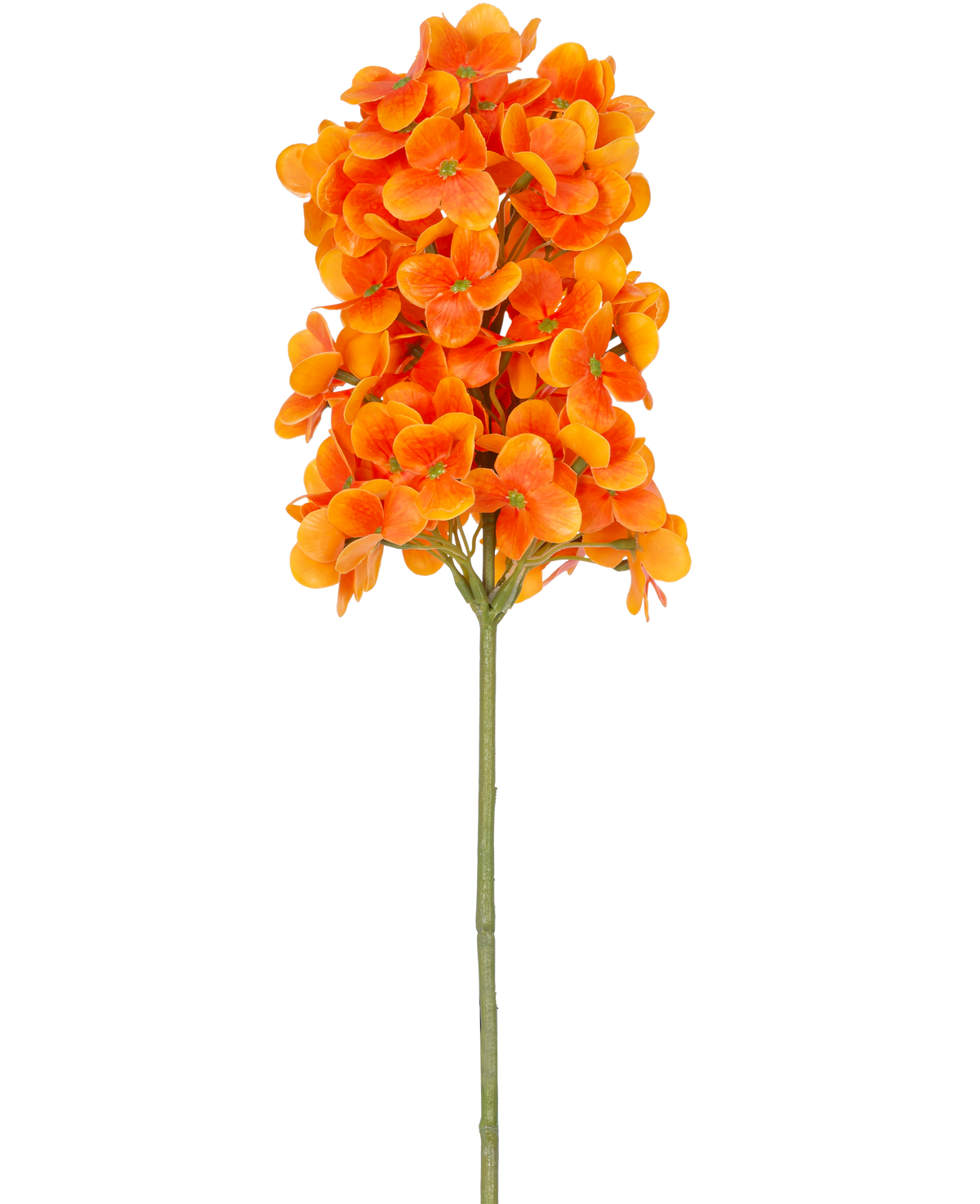 Ein einzelner künstlicher Blumen-Schneeball „Real Touch Orange“, 58 cm hoch, hat leuchtend orangefarbene Blütenbüschel auf einem grünen Stiel vor einem schlichten weißen Hintergrund.