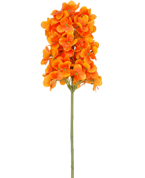Ein einzelner künstlicher Blumen-Schneeball „Real Touch Orange“, 58 cm hoch, hat leuchtend orangefarbene Blütenbüschel auf einem grünen Stiel vor einem schlichten weißen Hintergrund.