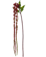 Die Kunstblume Amaranthus 122 cm weinrot hat einen einzelnen künstlichen Amaranth-Stiel mit grünen Blättern und langen Büscheln kleiner, weinroter Blüten vor einem weißen Hintergrund.