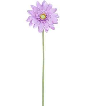 Die künstliche Blume Mini-Gerbera 47 cm lila hat eine einzelne hellviolette gänseblümchenartige Blüte mit geschichteten Blütenblättern und einer gelben Mitte auf einem langen, schlanken grünen Stiel, perfekt für die Präsentation vor einem weißen Hintergrund.