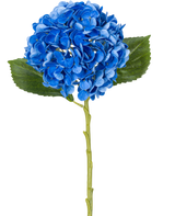 Die Kunstblume Charlotte Hydrangea Real Touch Blue 49 cm ist eine einzelne blaue Hortensie mit grünen Blättern und einem langen Stiel, dargestellt vor einem weißen Hintergrund.