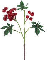 Der künstliche Zweig Ricinus 43 cm weinrot hat einen Zweig einer Rizinuspflanze mit stacheligen weinroten Samenkapseln und großen, grünen, sternförmigen Blättern auf weißem Hintergrund.