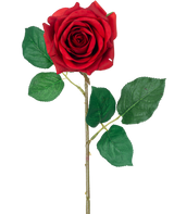 Die künstliche Rose „Emine“ Real Touch Red 43 cm hat eine einzelne rote Rose mit leuchtend grünen Blättern an einem langen Stiel vor einem schlichten weißen Hintergrund.