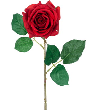 Die künstliche Rose „Emine“ Real Touch Red 43 cm hat eine einzelne rote Rose mit leuchtend grünen Blättern an einem langen Stiel vor einem schlichten weißen Hintergrund.