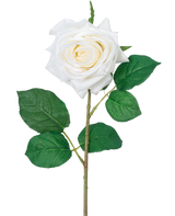 Die künstliche Rose „Emine“ Real Touch White 43 cm hat eine einzelne weiße Rose mit geschichteten Blütenblättern und grünen Blättern an einem langen Stiel vor einem schlichten weißen Hintergrund.