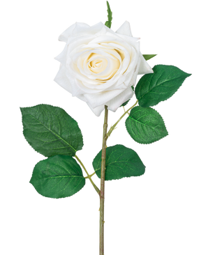 Die künstliche Rose „Emine“ Real Touch White 43 cm hat eine einzelne weiße Rose mit geschichteten Blütenblättern und grünen Blättern an einem langen Stiel vor einem schlichten weißen Hintergrund.