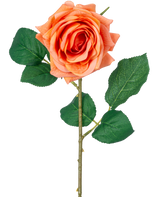 Die feuchtigkeitsspendende Rose Artificial Flower Crystal Touch hat eine orangefarbene Real Touch-Blume mit grünen Blättern und einem 43 cm langen Stiel vor einem schlichten weißen Hintergrund.