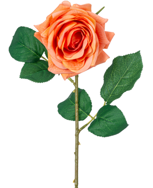 Die feuchtigkeitsspendende Rose Artificial Flower Crystal Touch hat eine orangefarbene Real Touch-Blume mit grünen Blättern und einem 43 cm langen Stiel vor einem schlichten weißen Hintergrund.