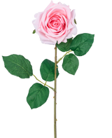 Die künstliche Rose „Emine“ Real Touch Pink 43 cm ist eine einzelne hellrosa künstliche Rose mit geschichteten Blütenblättern, grünen Blättern und einem langen Stiel vor einem weißen Hintergrund.