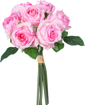 Ein künstlicher Rosenstrauß aus 7 echten rosa Rosen (30 cm) mit grünen Blättern, mit Bindfaden zusammengebunden und vor einem weißen Hintergrund fotografiert.