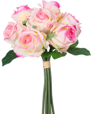 Der künstliche Rosenstrauß 7 Rosen Real Touch Creme/Pink 30 cm besteht aus sieben cremefarbenen und rosafarbenen Kunstrosen mit grünen Blättern und langen Stielen, die mit einem braunen Band zusammengebunden und vor einem weißen Hintergrund dargestellt sind.