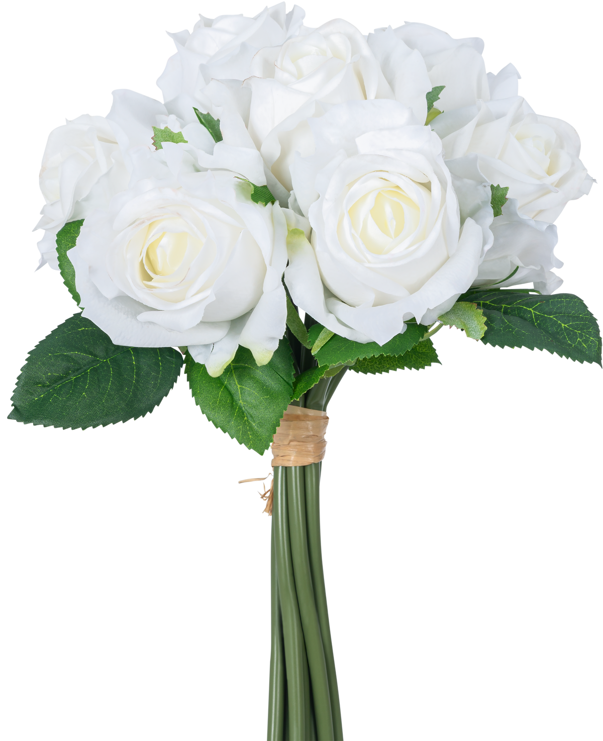 Der künstliche Rosenstrauß 7 Rosen Real Touch White 30 cm besteht aus einem Strauß weißer Kunstrosen mit grünen Blättern, deren Stiele durch ein braunes Gummiband gebunden sind, dargestellt vor einem schlichten weißen Hintergrund.