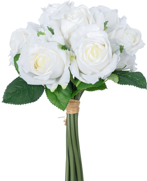 Der künstliche Rosenstrauß 7 Rosen Real Touch White 30 cm besteht aus einem Strauß weißer Kunstrosen mit grünen Blättern, deren Stiele durch ein braunes Gummiband gebunden sind, dargestellt vor einem schlichten weißen Hintergrund.