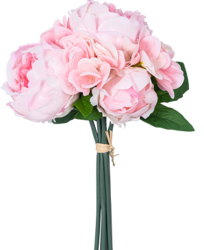 Der künstliche Blumenstrauß Real Touch Pink 30 cm besteht aus hellrosa künstlichen Pfingstrosen und Hortensien mit grünen Blättern, die mit einem braunen Seil zusammengebunden sind, vor einem schlichten weißen Hintergrund.