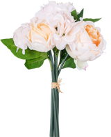 Ein künstlicher Blumenstrauß Real Touch Champagne 30 cm besteht aus lebensechten rosa und pfirsichfarbenen Kunstblumen mit grünen Blättern und Lotusknospen, die mit einem Seil vor einem weißen Hintergrund zusammengebunden sind.