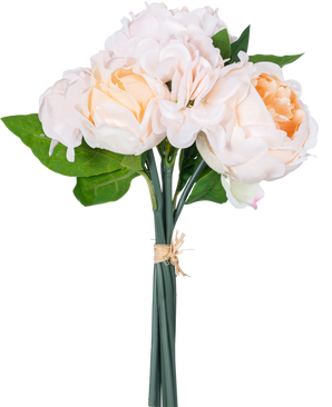 Ein künstlicher Blumenstrauß Real Touch Champagne 30 cm besteht aus lebensechten rosa und pfirsichfarbenen Kunstblumen mit grünen Blättern und Lotusknospen, die mit einem Seil vor einem weißen Hintergrund zusammengebunden sind.