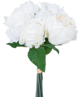 Der künstliche Blumenstrauß Real Touch White 30 cm hat naturgetreue weiße Blüten und grüne Blätter, elegant mit einem Band umwickelt und vor einem schlichten weißen Hintergrund.