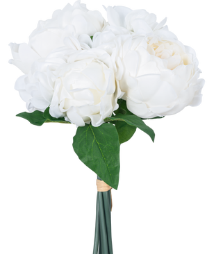Der künstliche Blumenstrauß Real Touch White 30 cm hat naturgetreue weiße Blüten und grüne Blätter, elegant mit einem Band umwickelt und vor einem schlichten weißen Hintergrund.