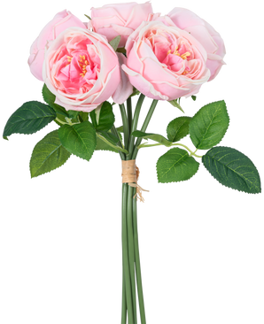 Der künstliche Rosenstrauß „Carmen“ Real Touch Pink 36 cm besteht aus hellrosa Pfingstrosen mit grünen Blättern, die mit einem braunen Seil zusammengebunden sind.