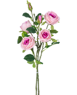 Der künstliche Rosenzweig Double Real Touch Pink 80 cm hat mehrere künstliche rosa Rosen und Rosenknospen mit grünen Blättern an einem Stiel vor einem schlichten weißen Hintergrund.