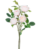 Der künstliche Rosenzweig Double Real Touch hellrosa 80 cm hat einen Stiel mit drei voll erblühten hellrosa Rosen, zwei Rosenknospen und mehreren grünen Blättern vor einem weißen Hintergrund.