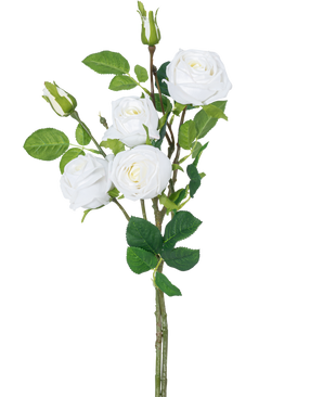 Der künstliche Rosenzweig Double Real Touch weiß 80 cm hat einen Stiel mit drei blühenden weißen Kunstrosen, grünen Blättern und Rosenknospen vor einem schlichten weißen Hintergrund.