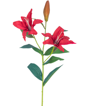 Die künstliche Blumenlilie Real Touch rot 95 cm hat einen Stiel mit zwei offenen roten Lilienblüten, einer geschlossenen Knospe und mehreren grünen Blättern, alles vor einem weißen Hintergrund.