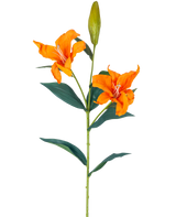 Die künstliche Blumenlilie Real Touch orange 95 cm hat einen einzelnen Stiel mit zwei offenen orangefarbenen Lilien, einer geschlossenen Knospe an der Spitze und langen, schmalen grünen Blättern, alles vor einem weißen Hintergrund.