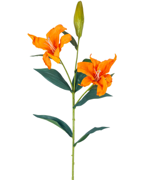 Die künstliche Blumenlilie Real Touch orange 95 cm hat einen einzelnen Stiel mit zwei offenen orangefarbenen Lilien, einer geschlossenen Knospe an der Spitze und langen, schmalen grünen Blättern, alles vor einem weißen Hintergrund.