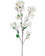 Die künstliche Blume Bougainvillea 120 cm weiß ist ein künstlicher Blütenstiel mit mehreren braunen Zweigen, grünen Blättern und weißen Blütensträußen mit gelber Mitte, dargestellt vor einem weißen Hintergrund.