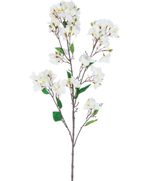 Die künstliche Blume Bougainvillea 120 cm weiß ist ein künstlicher Blütenstiel mit mehreren braunen Zweigen, grünen Blättern und weißen Blütensträußen mit gelber Mitte, dargestellt vor einem weißen Hintergrund.