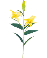 Die künstliche Blumenlilie Real Touch Yellow 95 cm hat einen einzelnen Stiel mit zwei offenen gelben Lilienblüten, einer geschlossenen Knospe an der Spitze und langen grünen Blättern, alles vor einem schlichten weißen Hintergrund.