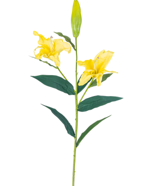 Die künstliche Blumenlilie Real Touch Yellow 95 cm hat einen einzelnen Stiel mit zwei offenen gelben Lilienblüten, einer geschlossenen Knospe an der Spitze und langen grünen Blättern, alles vor einem schlichten weißen Hintergrund.