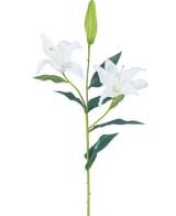 Die künstliche Blumenlilie Real Touch weiß 95 cm hat einen einzelnen grünen Stiel mit zwei offenen weißen Lilienblüten, dunkelgrünen Blättern und einer geschlossenen Knospe vor einem schlichten weißen Hintergrund.
